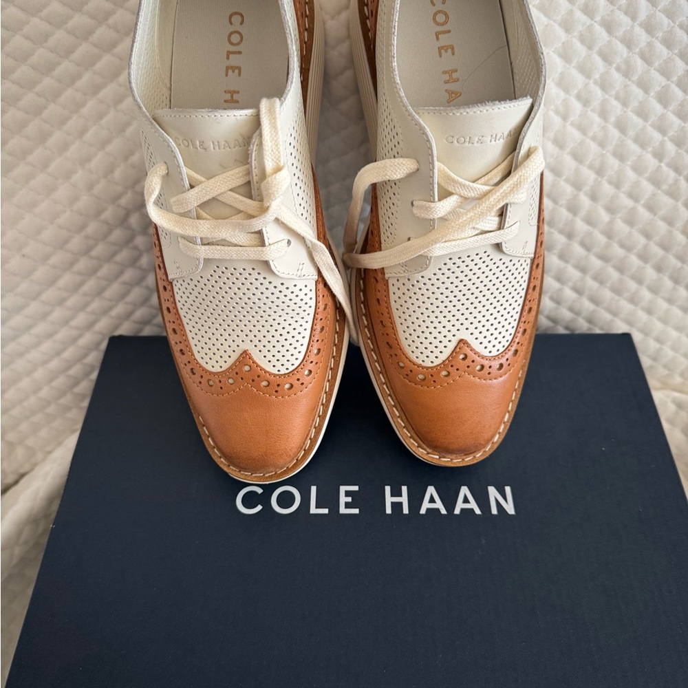 Cole Haan Tan and Cream Flats with Wingtip Design